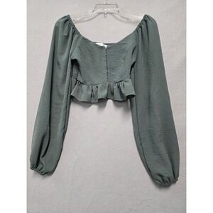Altar'd State Sage Green Textured Hook & Eye Smocked Peplum Crop Top Womens XS